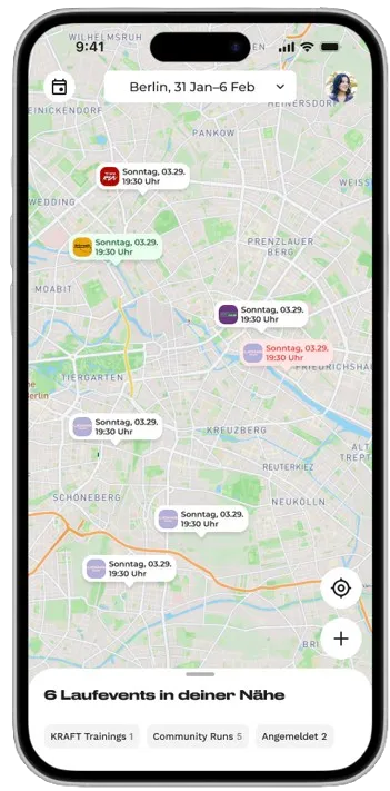 KRAFT App map view with running events in Berlin