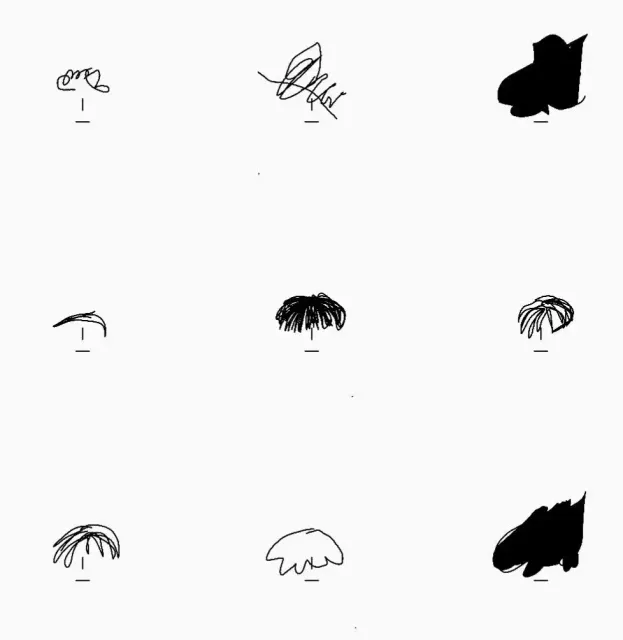Hairstyle sketches with thin lines and filled shapes