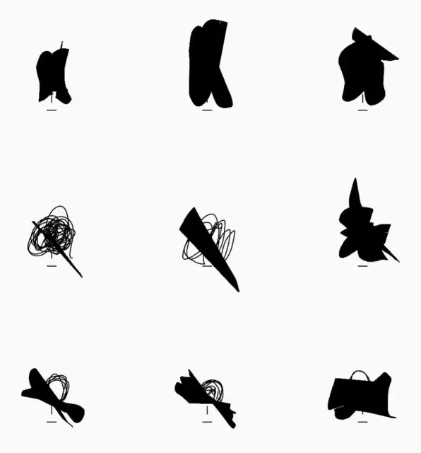 Nine faces with different hats built around simple nose and mouth lines