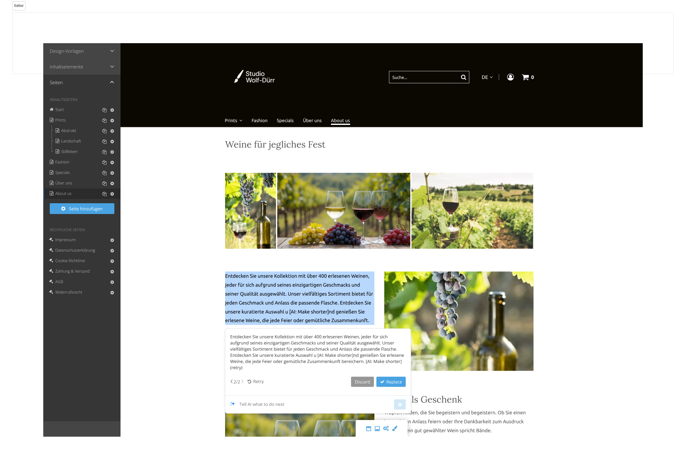 Shop editor with an AI-generated replacement suggestion below selected text