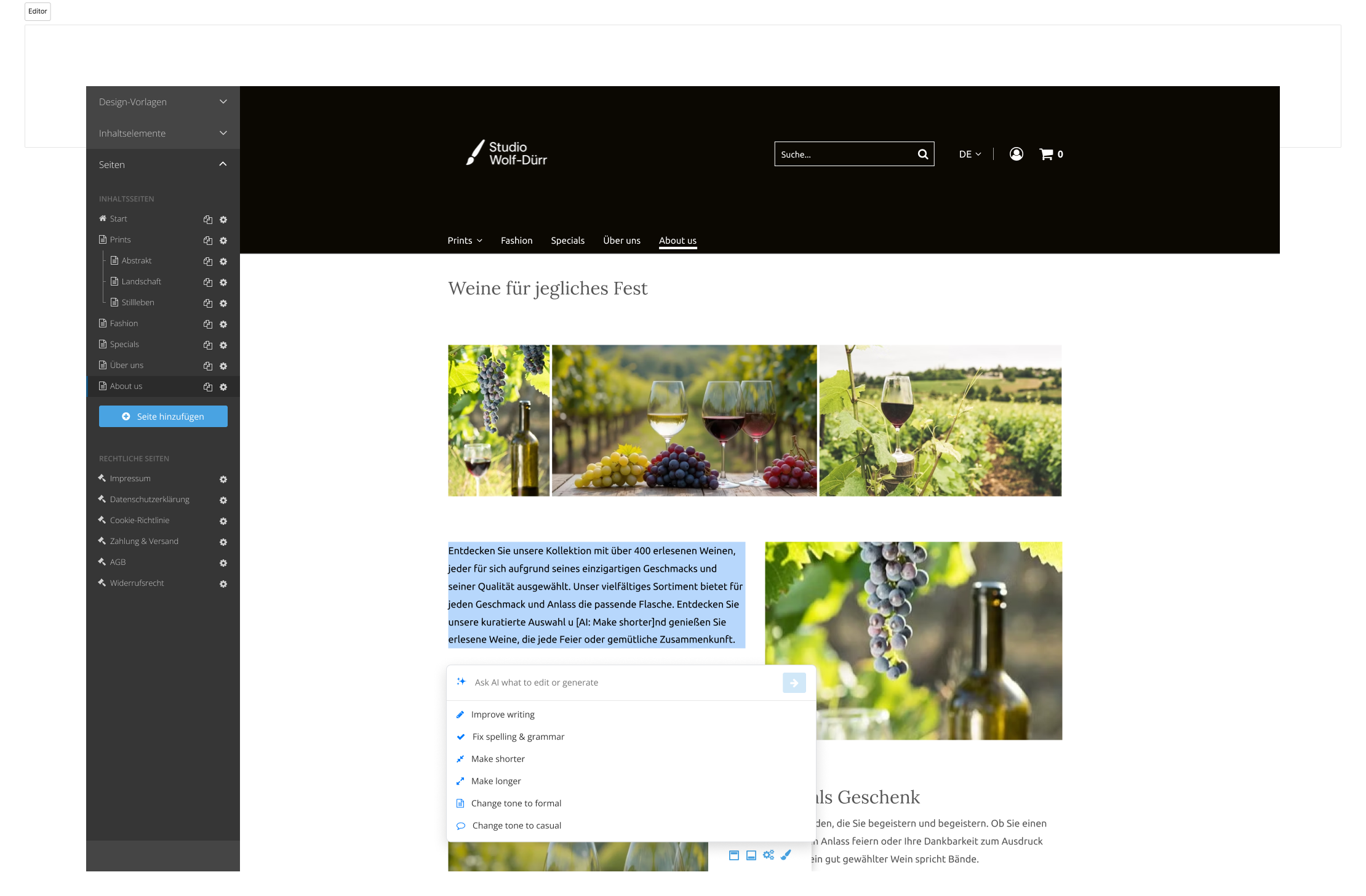 Shop editor with selected text and AI options