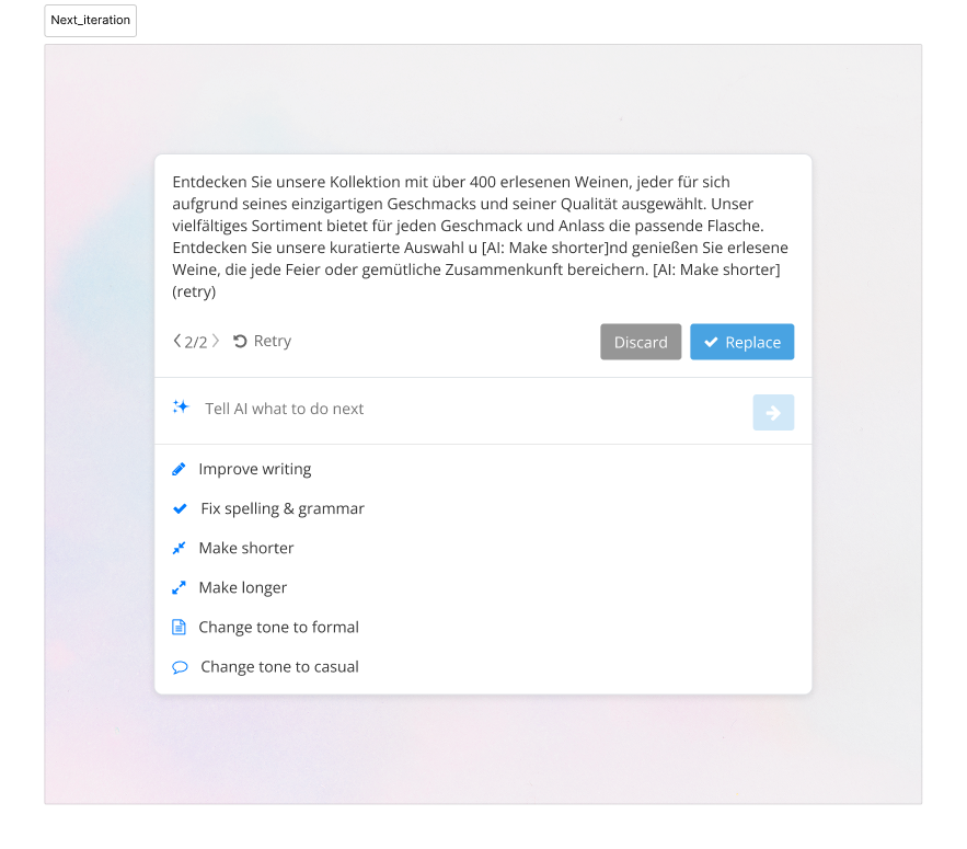 AI assistant showing generated text with version controls