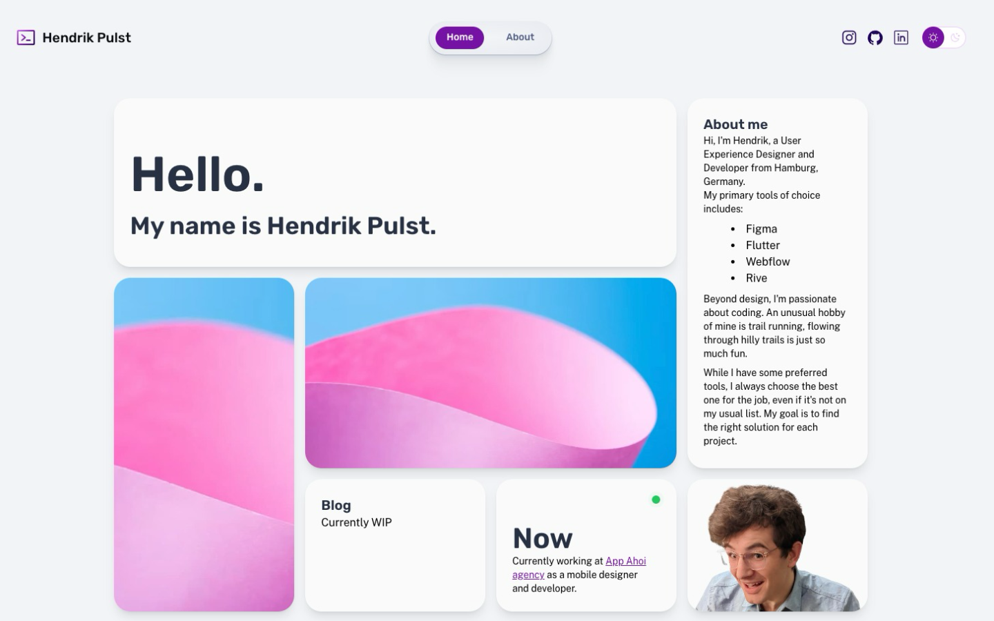 Homepage iteration with large hello card, image panels, about card, and status cards