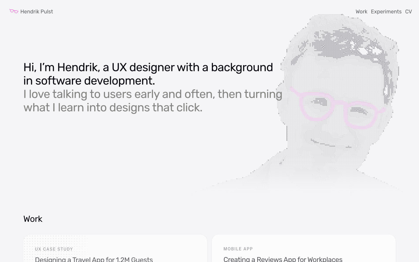 Current homepage showing the WebGL portrait hero above the first work cards