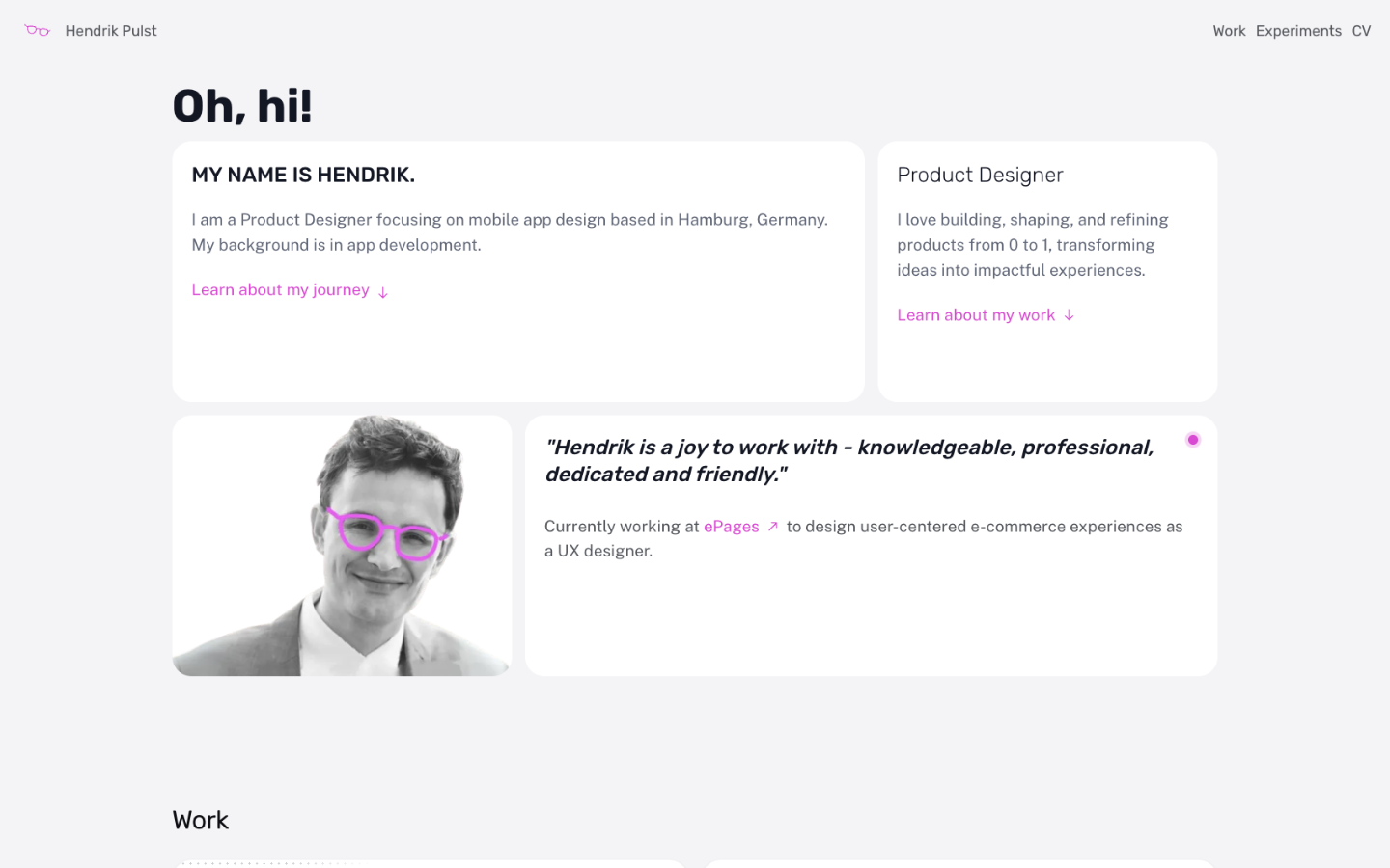 Oh hi homepage iteration with intro cards, portrait, testimonial, and work section