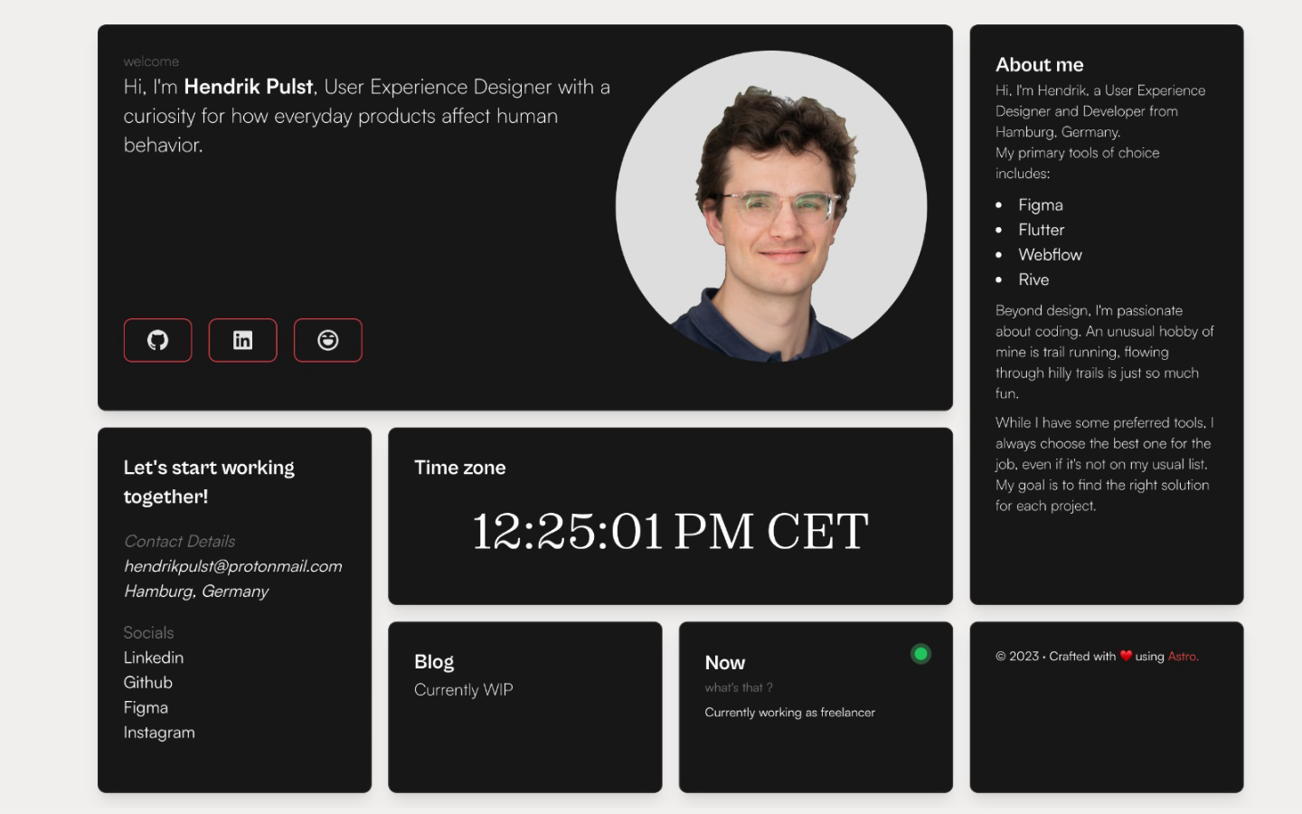 Dark dashboard homepage with intro, portrait, about card, time zone card, and contact cards