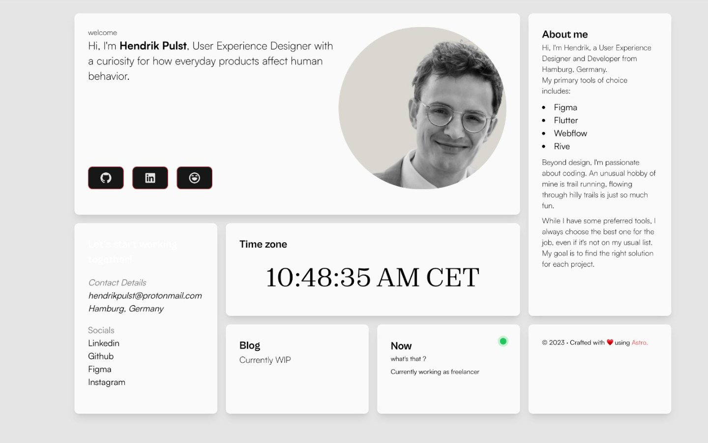 Light dashboard homepage with intro, portrait, about card, time zone card, and contact cards