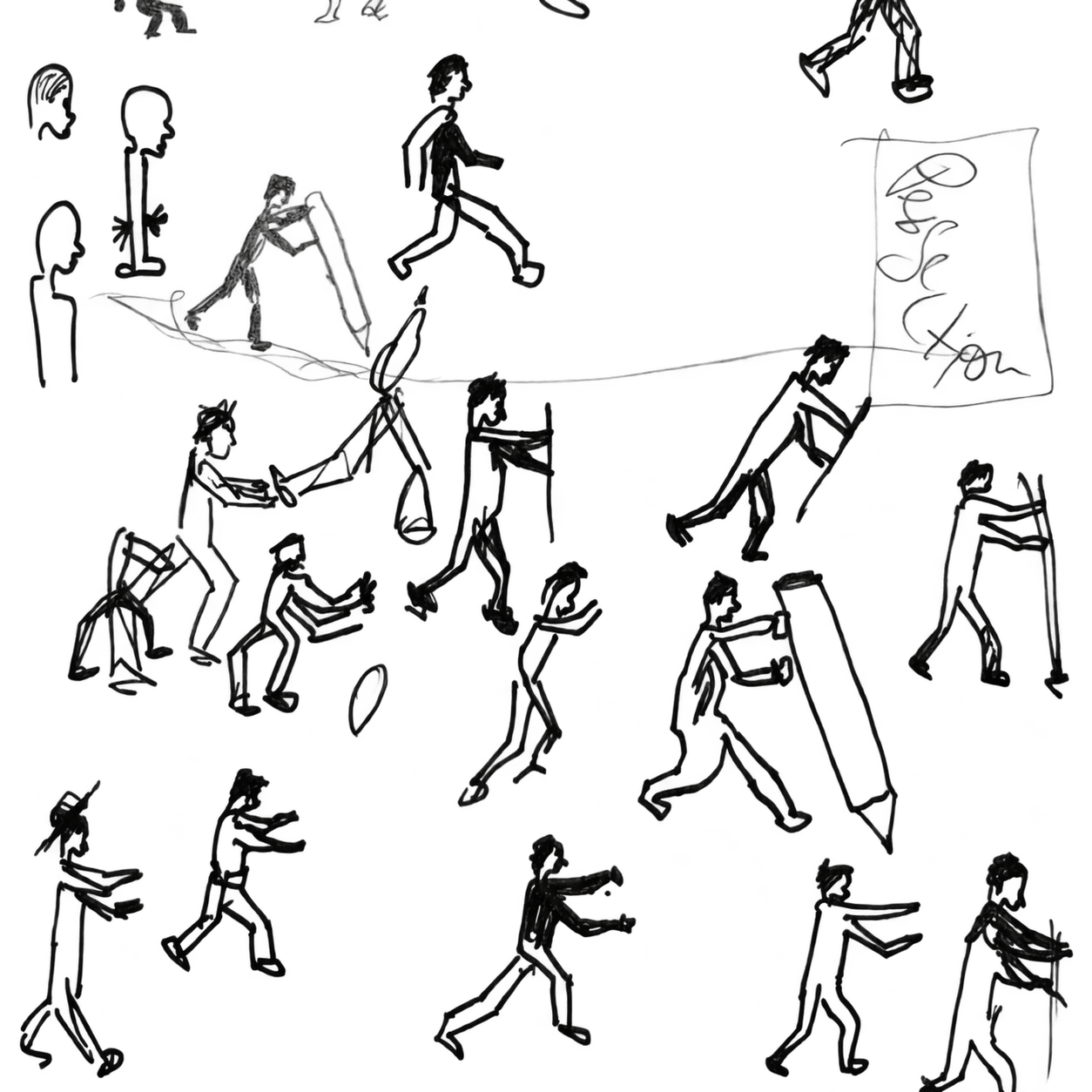 Sketches of walking figures and figures carrying pencils