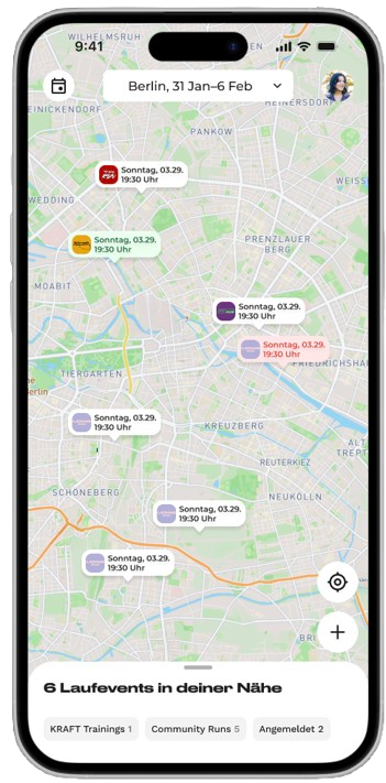 KRAFT App map view with running events in Berlin