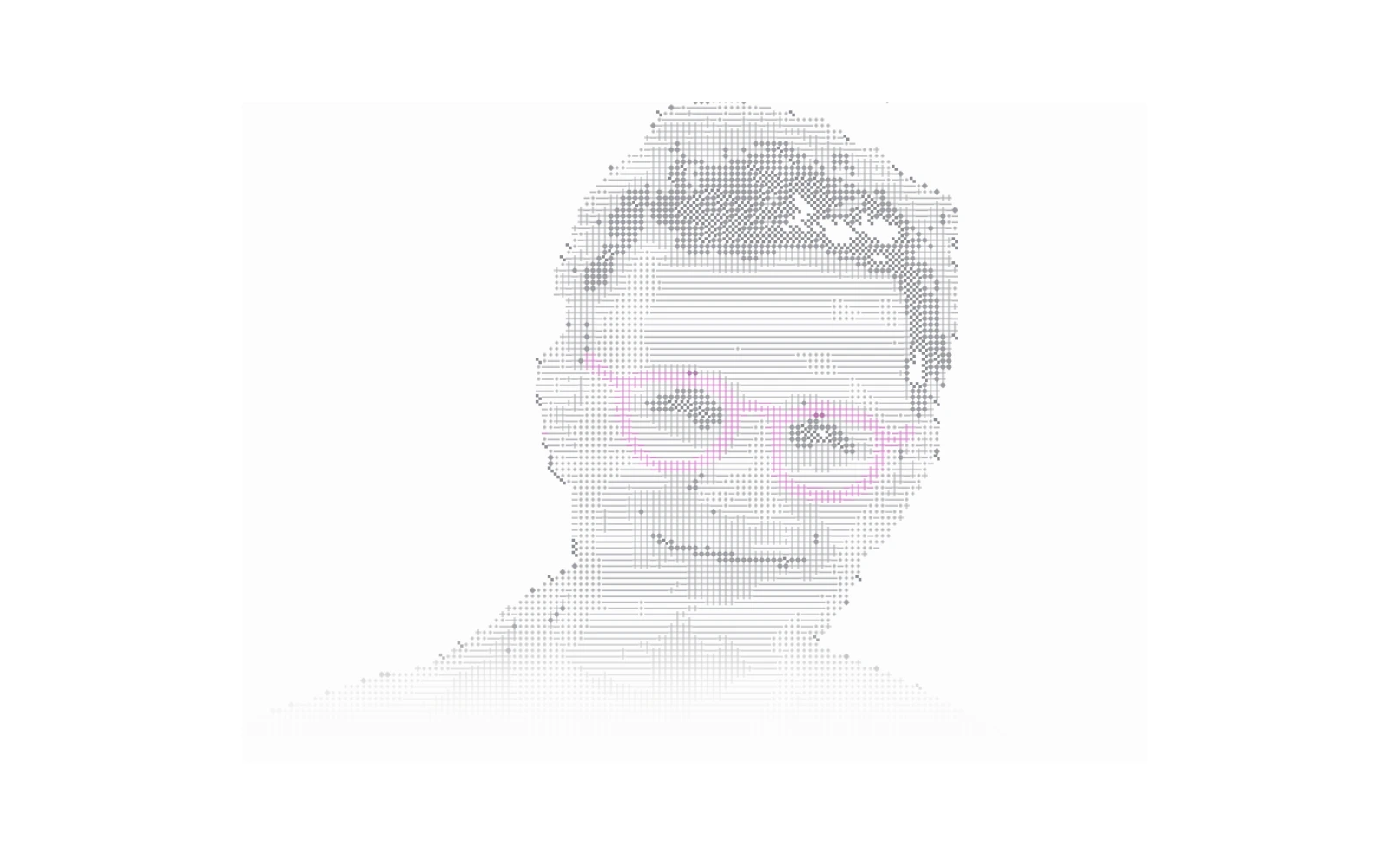 Final portrait rendered as ASCII-like marks with pink glasses