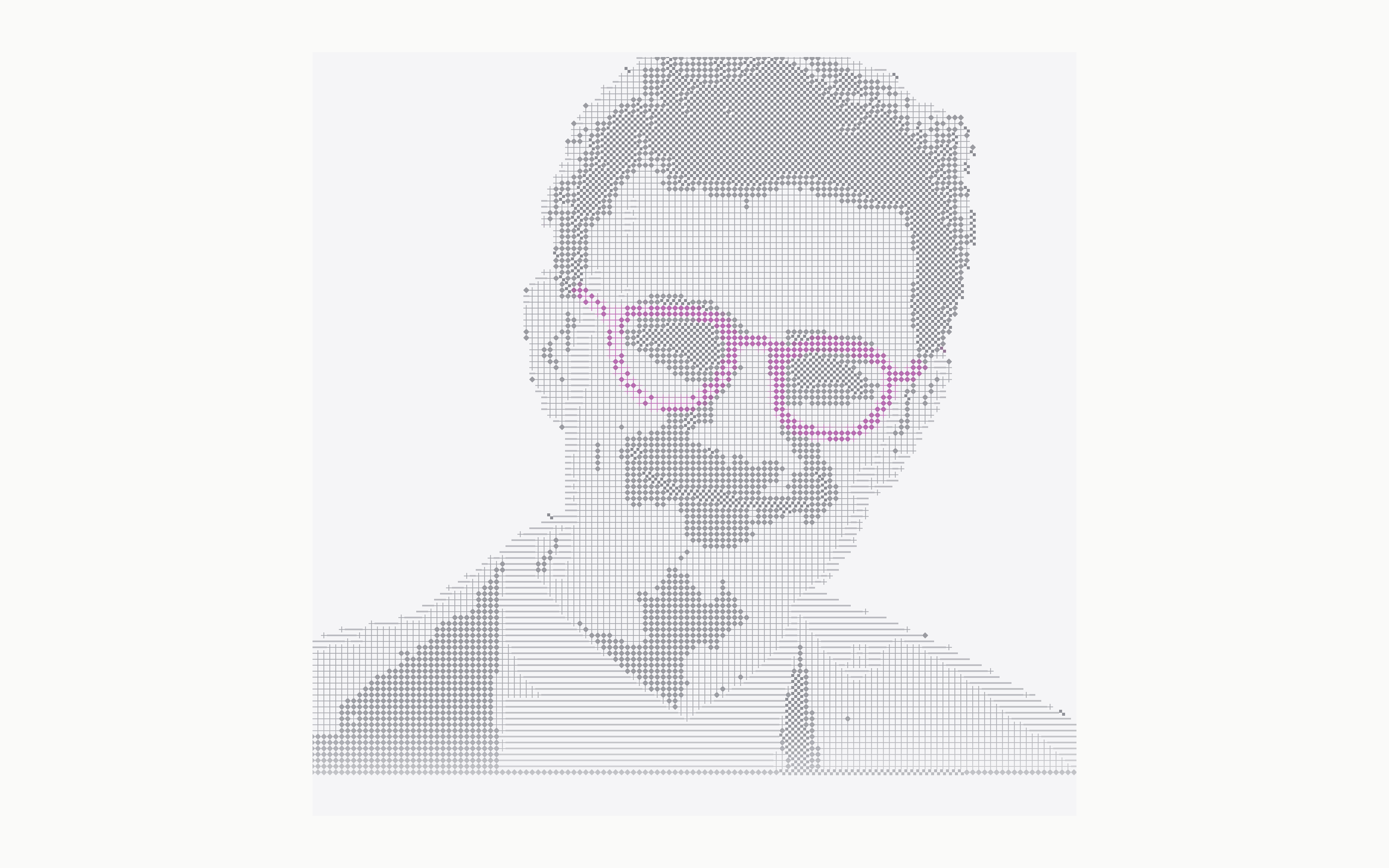 Homepage hero direction with pink glasses and balanced ASCII marks